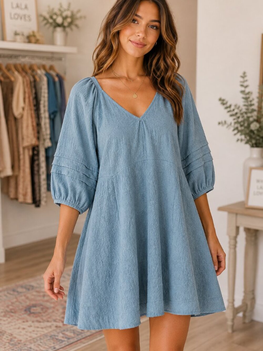 NWT Umgee Dusty Blue V-Neck Pleat Detail Puff Sleeve Dress~Back String Tie